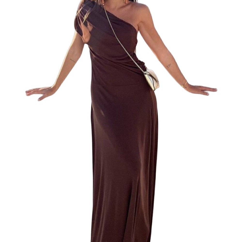 ZARA BROWN ASYMMETRIC DRAPED DRESS